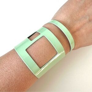Vintage 80's Mint Green Enamel Metal Cuff Bracelet Abstract Cutout 2.75" x 2.25"